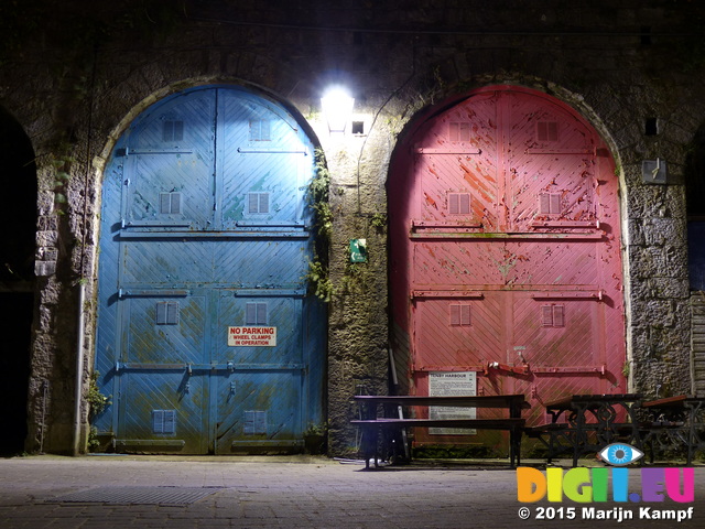 FZ021711 Doors in Tenby harbour at night